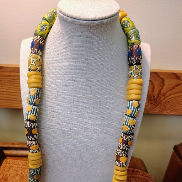 African Trade Beads Strand Multi Color Glass Tube Rare Patterns Necklace - Picture 2 of 11